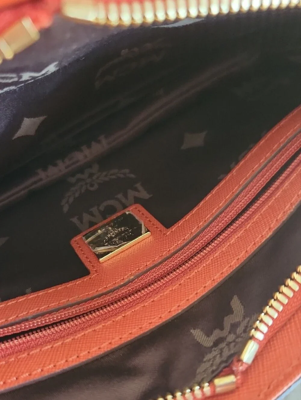 MCM Orange Saffiano Leather Satchel with Gold Chain Accent-FALL!
